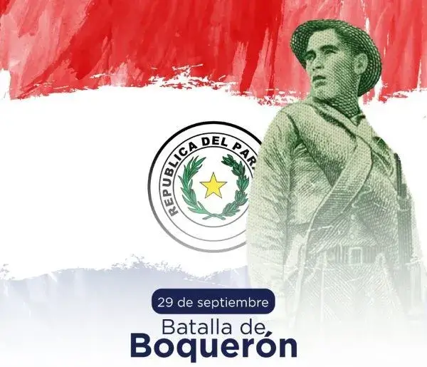 Soldado de la Batalla de Boquerón con la bandera de Paraguay de fondo.